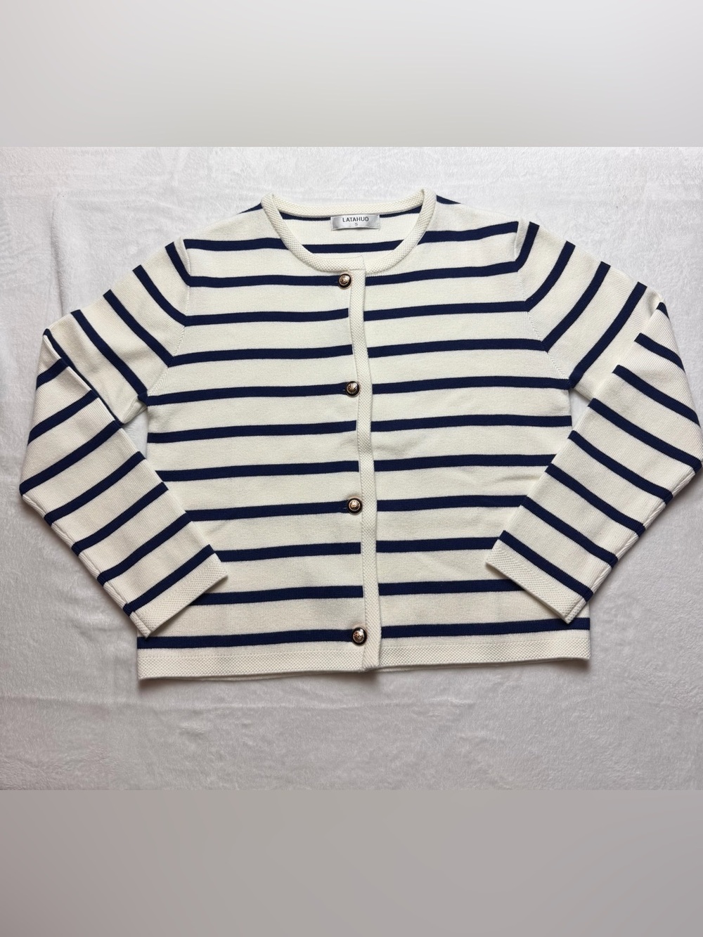 Navy White Striped Knit Cardigan Gold Button Sweater Small